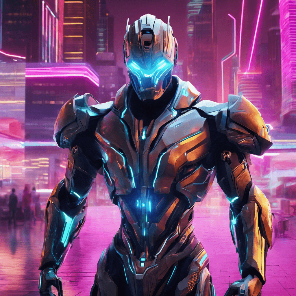 A towering figure clad in sleek cybernetic armor, with glowing neon lines running along the edges. Their eyes are replaced with advanced augmented reality lenses, giving them enhanced vision and precision. The Tech-Knight moves with uncanny speed and agility, ready to protect the company's secrets at all costs.