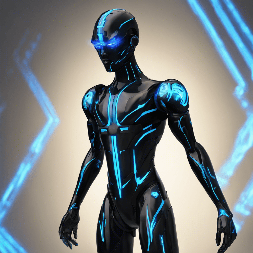 The Synthoid Sleuth is a humanoid figure clad in a sleek, black espionage suit with optical camo capabilities. It has glowing neon-blue circuit lines running across its body and a face that is a blank screen with a single scanning reticle for an eye.