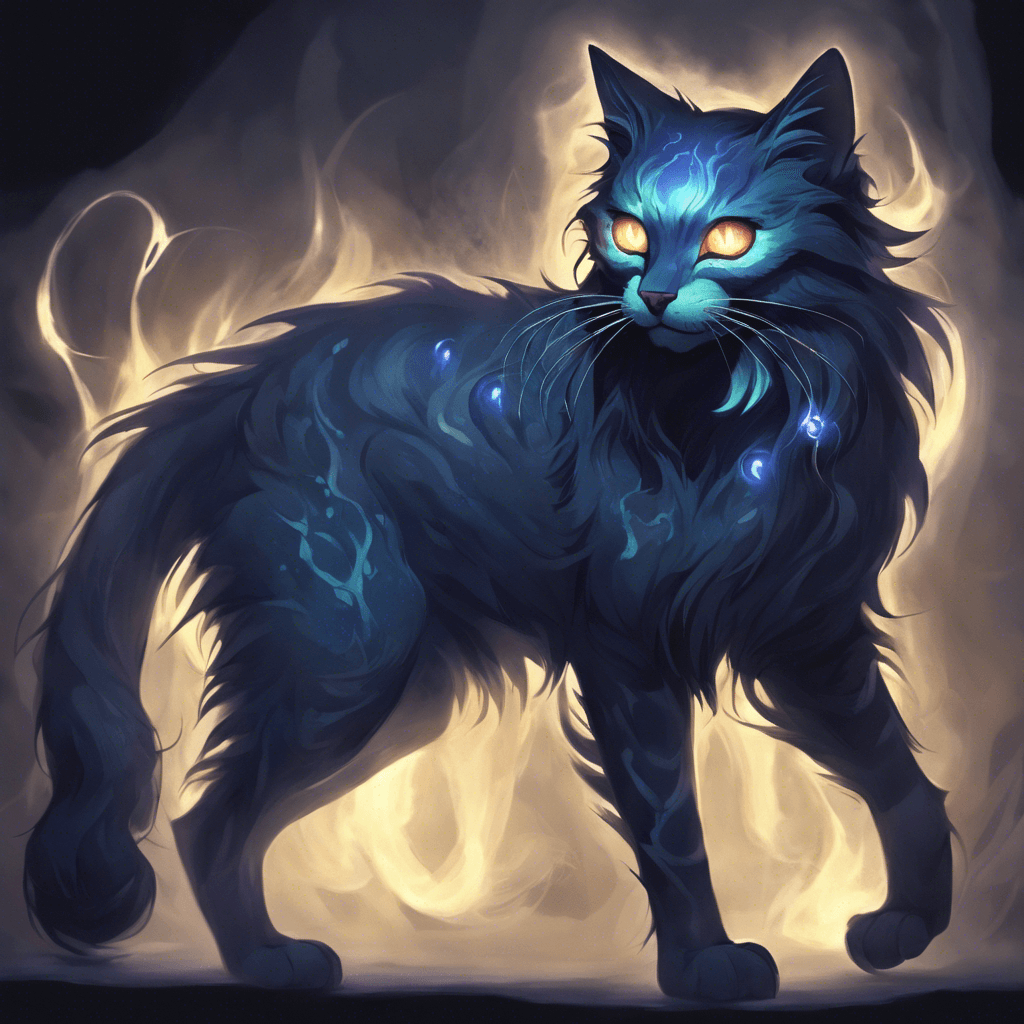 A spectral feline with eyes glowing like eerie lanterns in the dark, ethereal fur swirling with midnight hues, and elongated claws that crackle with necrotic energy.