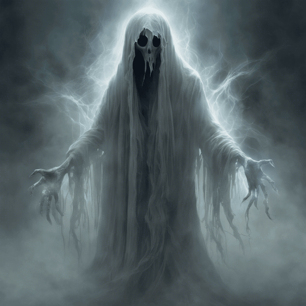 A ghostly apparition with tattered robes that seem to blend with the mist. Its eyes are hollow, glowing with a faint, ethereal light, and its gossamer fingers end in sharp, ethereal claws.