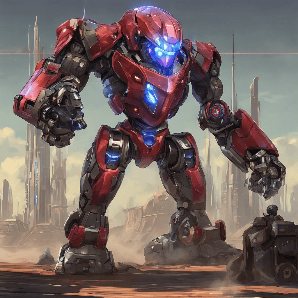 A towering robotic enforcer, the Orbitron Sentinel is plated with reflective armor. It hovers ominously with a trio of red sensor eyes scanning for threats. Its arms are equipped with laser blasters, and a defensive energy shield flickers around it, ready to counter incoming attacks.