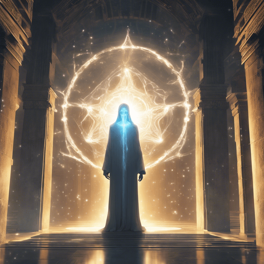 A luminous entity hovering in the temple's archway, with a humanoid silhouette composed of shimmering light tendrils and a core of pulsating dark energy. Its form is fluid, constantly phasing in and out of transparency, with eyes that burn like white stars.