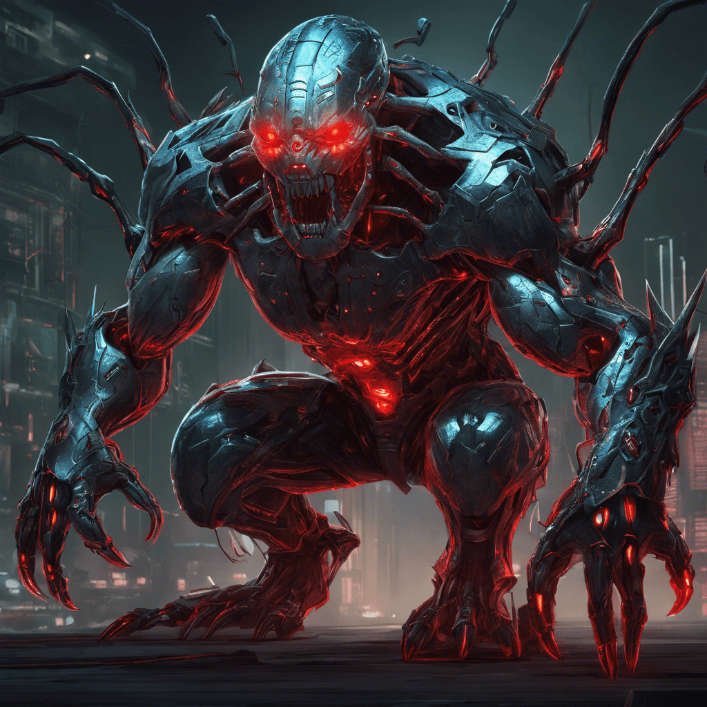 A hulking, cybernetic creature with glowing red eyes, metallic skin etched with glowing circuitry, and long, sharp claws that exude a strange energy.