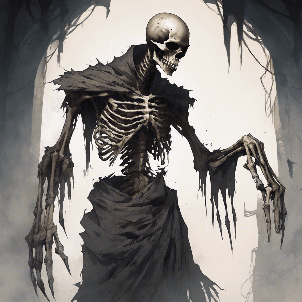 A towering, skeletal figure draped in tattered robes, its bony fingers ending in deadly, sharp claws. A deep, unearthly growl emanates from within its hollow chest, and its eyes are soulless, glowing pits.