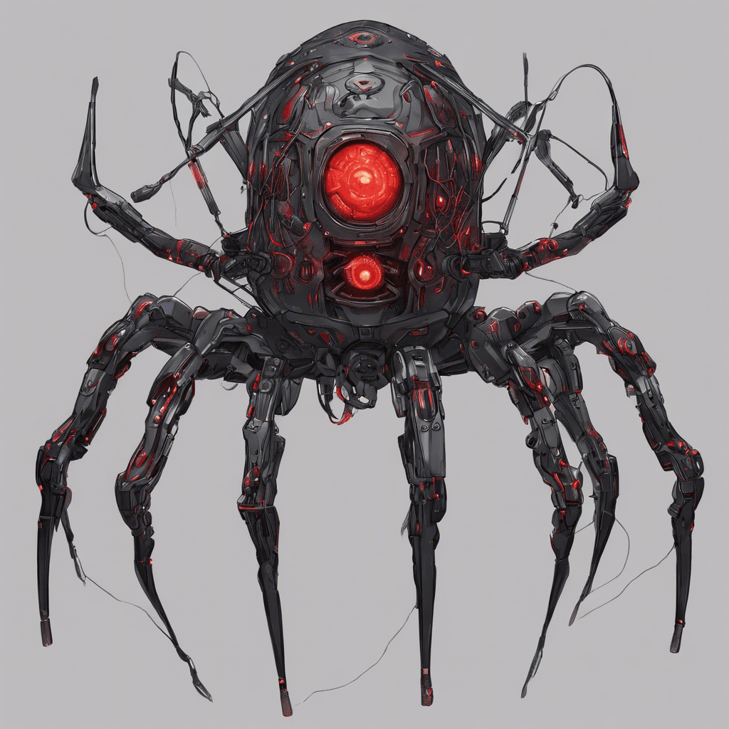 A dystopian nightmare, the Cyber Spinner is a large mechanical spider with multiple eyes glowing in red hues. Its body is a mangled fusion of flesh and cybernetics, wires protruding from its exoskeleton. It moves in jerky, unpredictable patterns, akin to a corrupted machine.