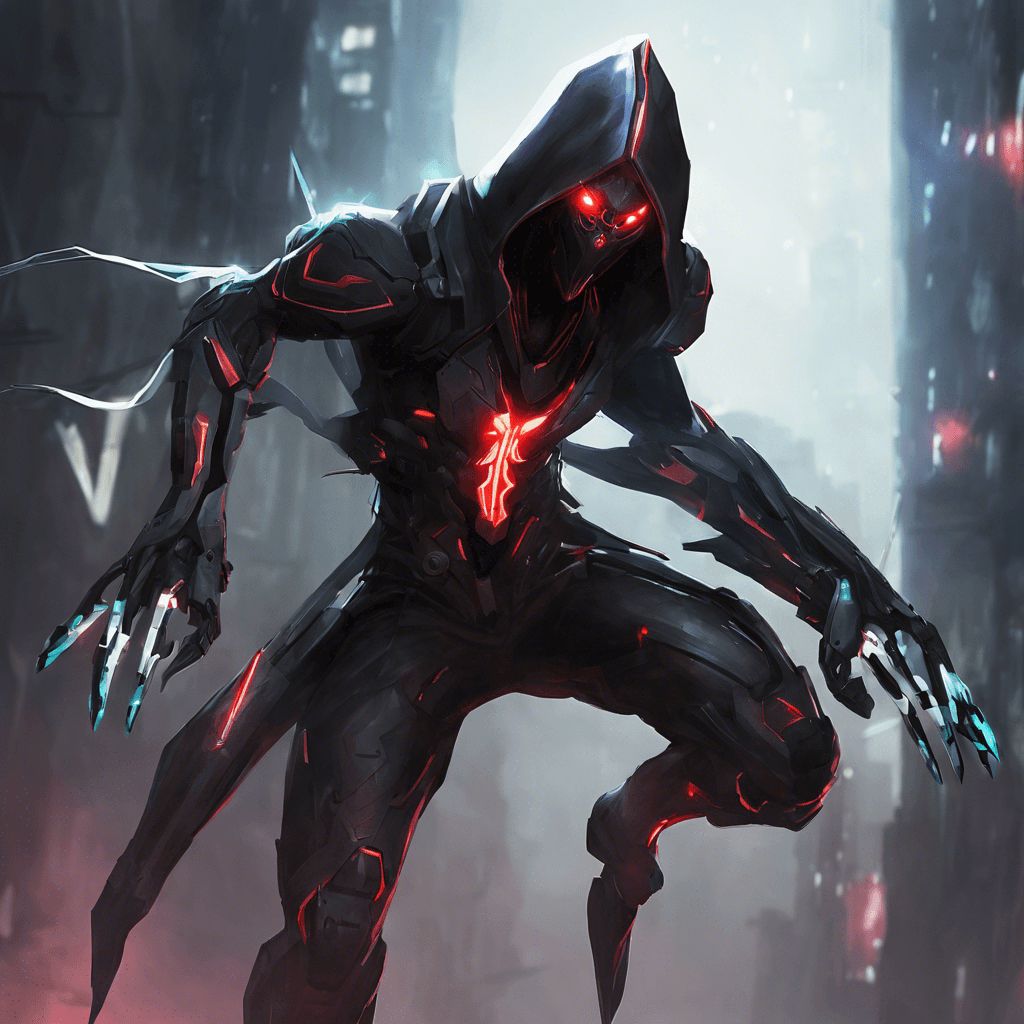 The Nexus Strider is a cybernetically enhanced assassin, shrouded in darkness and mystery. Its body is augmented with sleek, black cybernetic limbs that move with unnatural speed and precision. Its glowing red eyes pierce through the shadows, scanning for its next target.