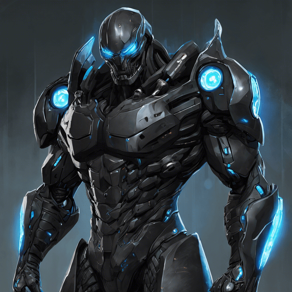 The Cybernetic Enforcer is a towering figure clad in reflective black armor with a sleek, menacing design. Its chest contains a pulsing core of energy, and its eyes glow with a chilling, artificial blue light. Hydraulic limbs fitted with various weapon attachments suggest its capability for immense physical power and destructive potential.