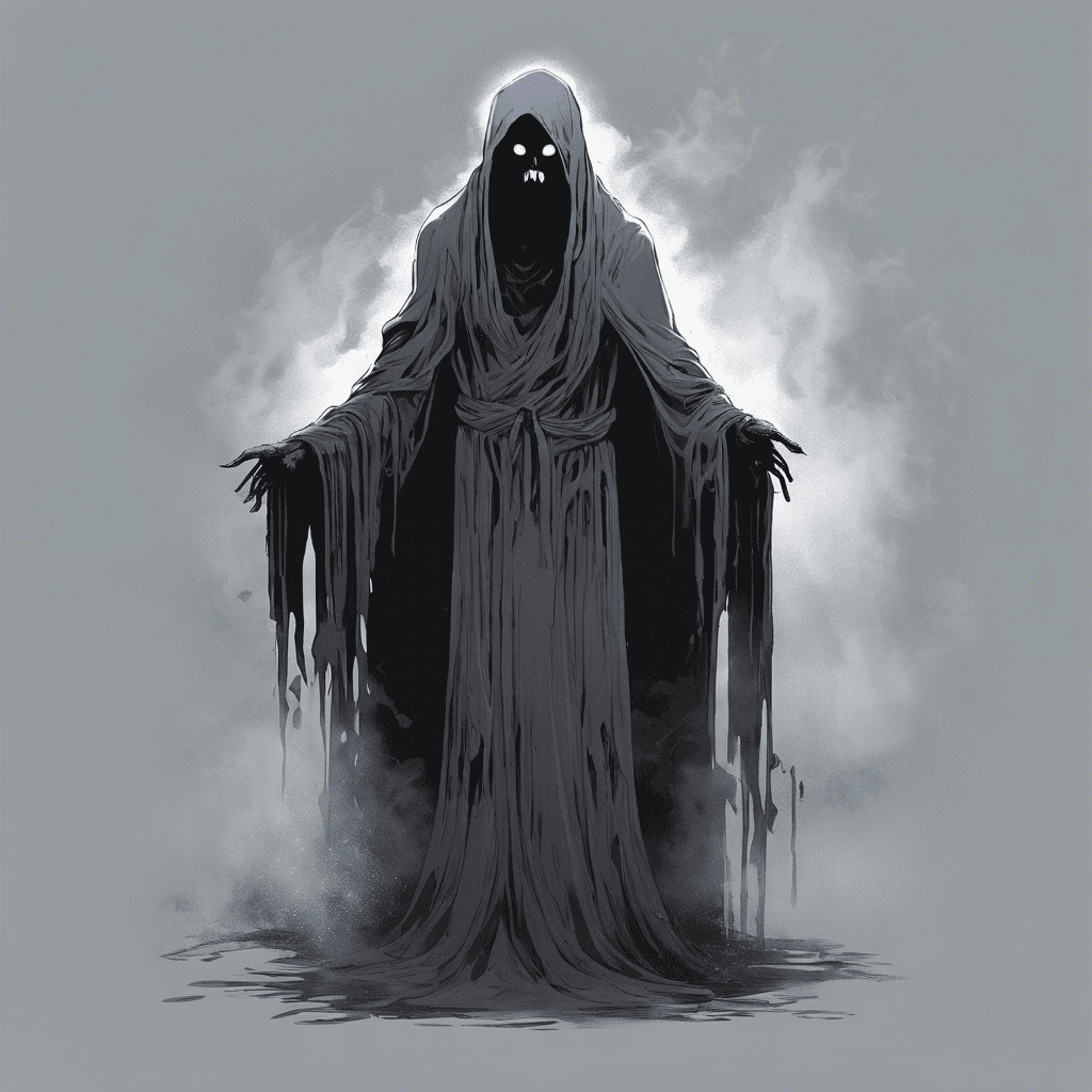 The Ghastly Wraith appears as a shadowy figure wrapped in tattered, ethereal robes. Its eyes glow with an otherworldly light, and its eerie whispers chill the air around it. The Wraith moves with unearthly grace, floating just above the ground, leaving a trail of cold mist in its wake.