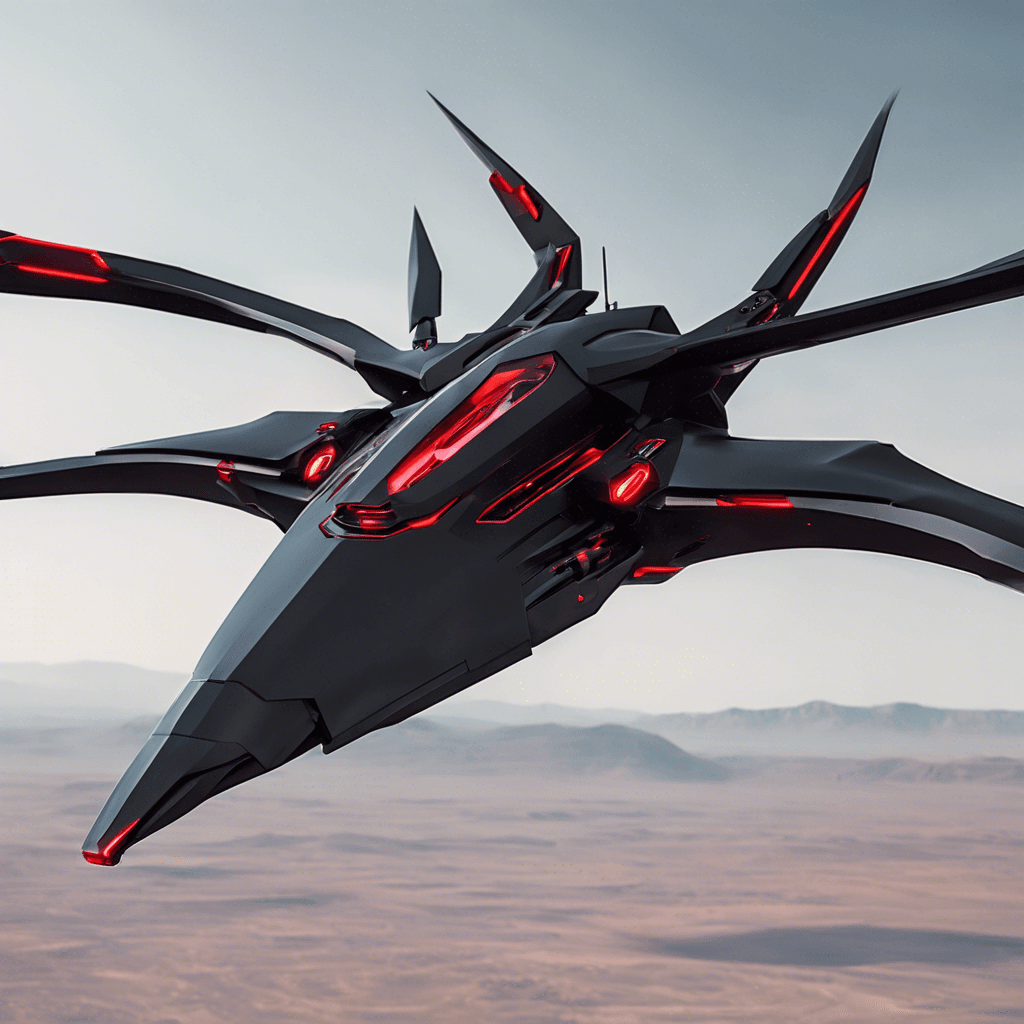 A sleek, black combat drone with a polished metal surface, red optical sensors, sharp angular lines, and retractable plasma blades gleaming at its sides.