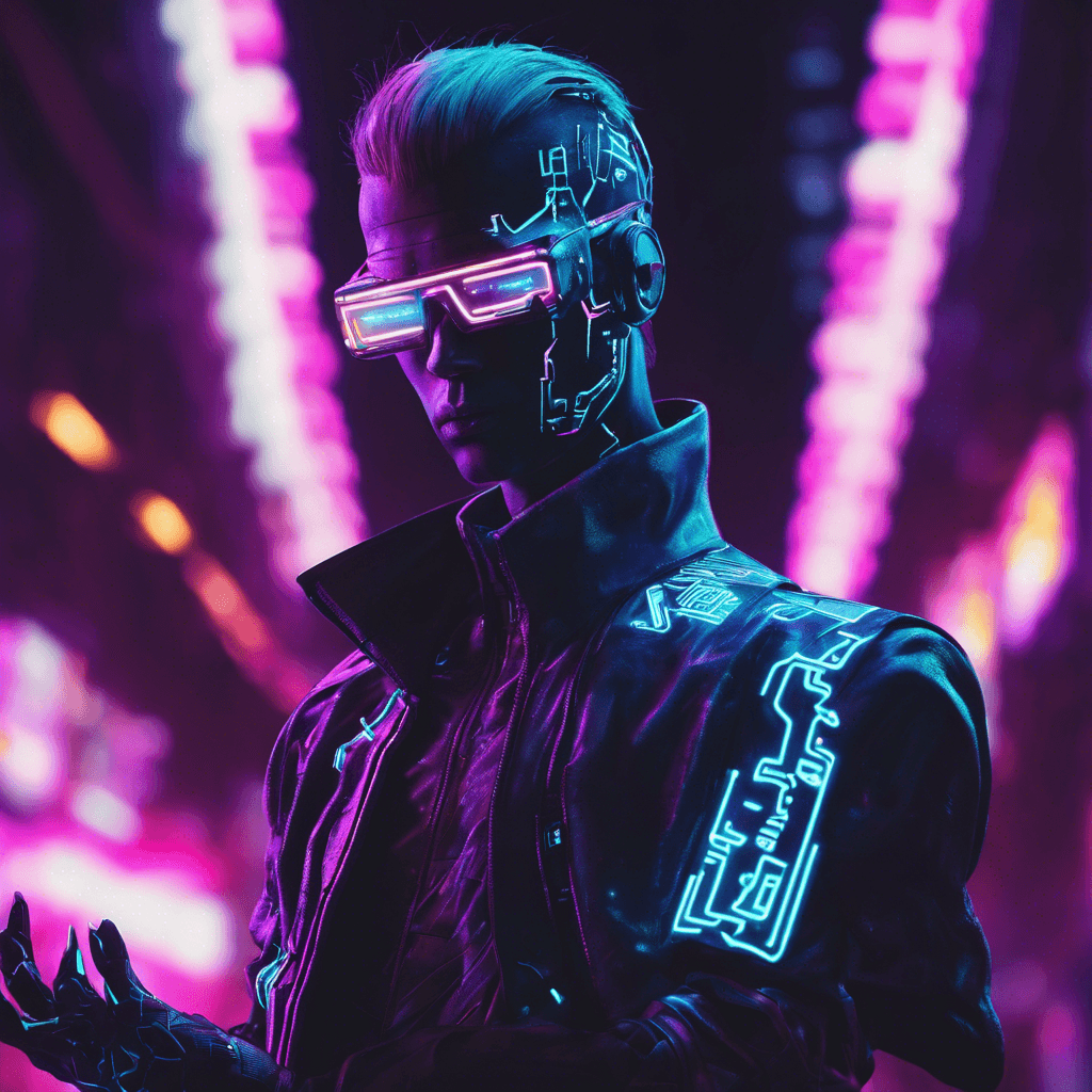 The Neon Hacker is a cybernetically enhanced individual with a neon-lit cybernetic arm that crackles with energy. Their eyes glow with a digital intensity, scanning the environment for vulnerabilities to exploit. Wearing a sleek black suit embedded with glowing circuit patterns, they move with an uncanny grace and precision.