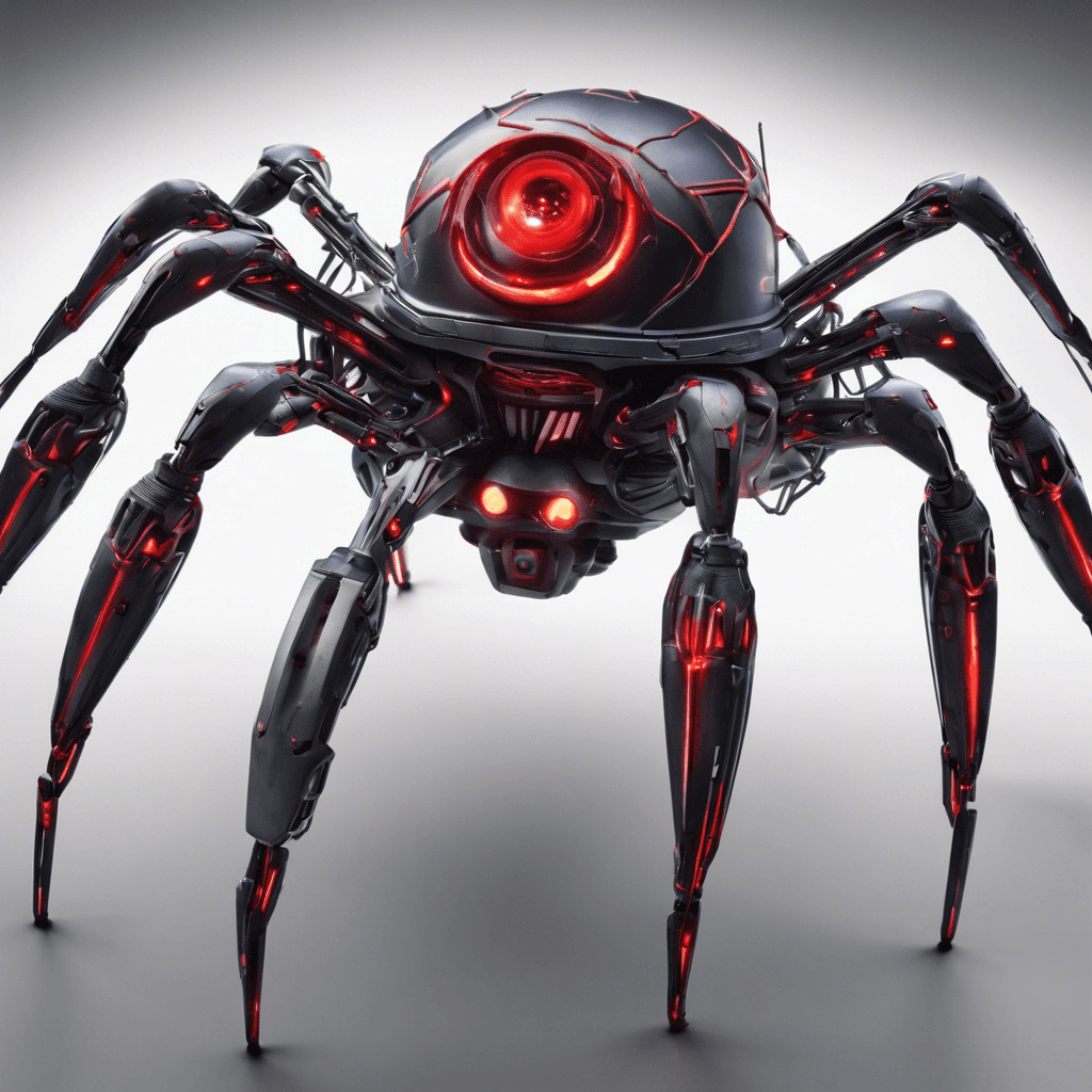 A spider-like drone with a sleek cybernetic carapace and numerous sensor-laden appendages, each glowing with eerie light. Its eyes, a dozen in number, swarm with red scanning lasers.