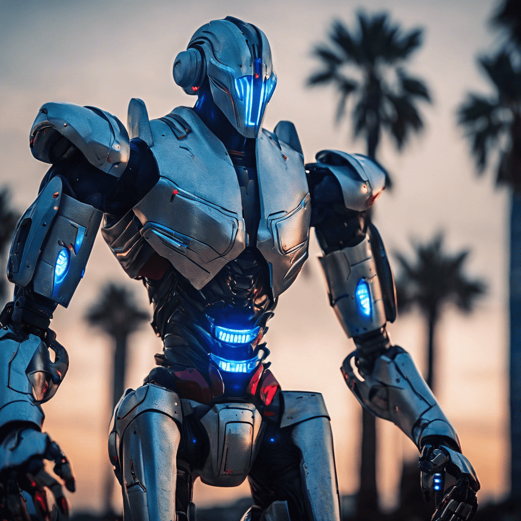 The Astro Sentinel is a towering robotic guardian, clad in sleek silver armor adorned with glowing blue runes. Its eyes emit a piercing red light as it scans its surroundings, ready to defend its territory with advanced weaponry.