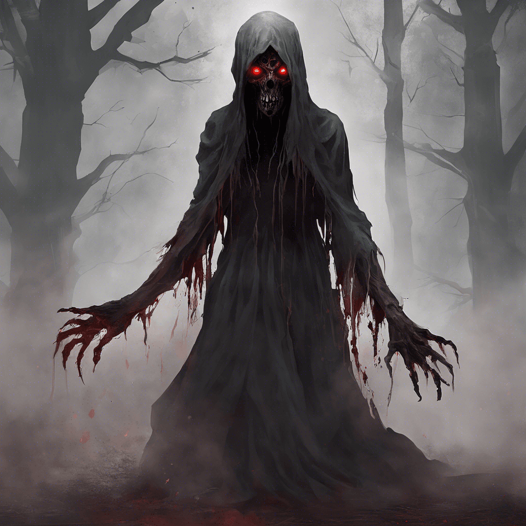 The Wraith is a malevolent spirit with ethereal, tattered robes and glowing red eyes. Its presence chills the air and leaves a sense of unease in its wake. It moves silently and unpredictably, striking fear into the hearts of those who encounter it.