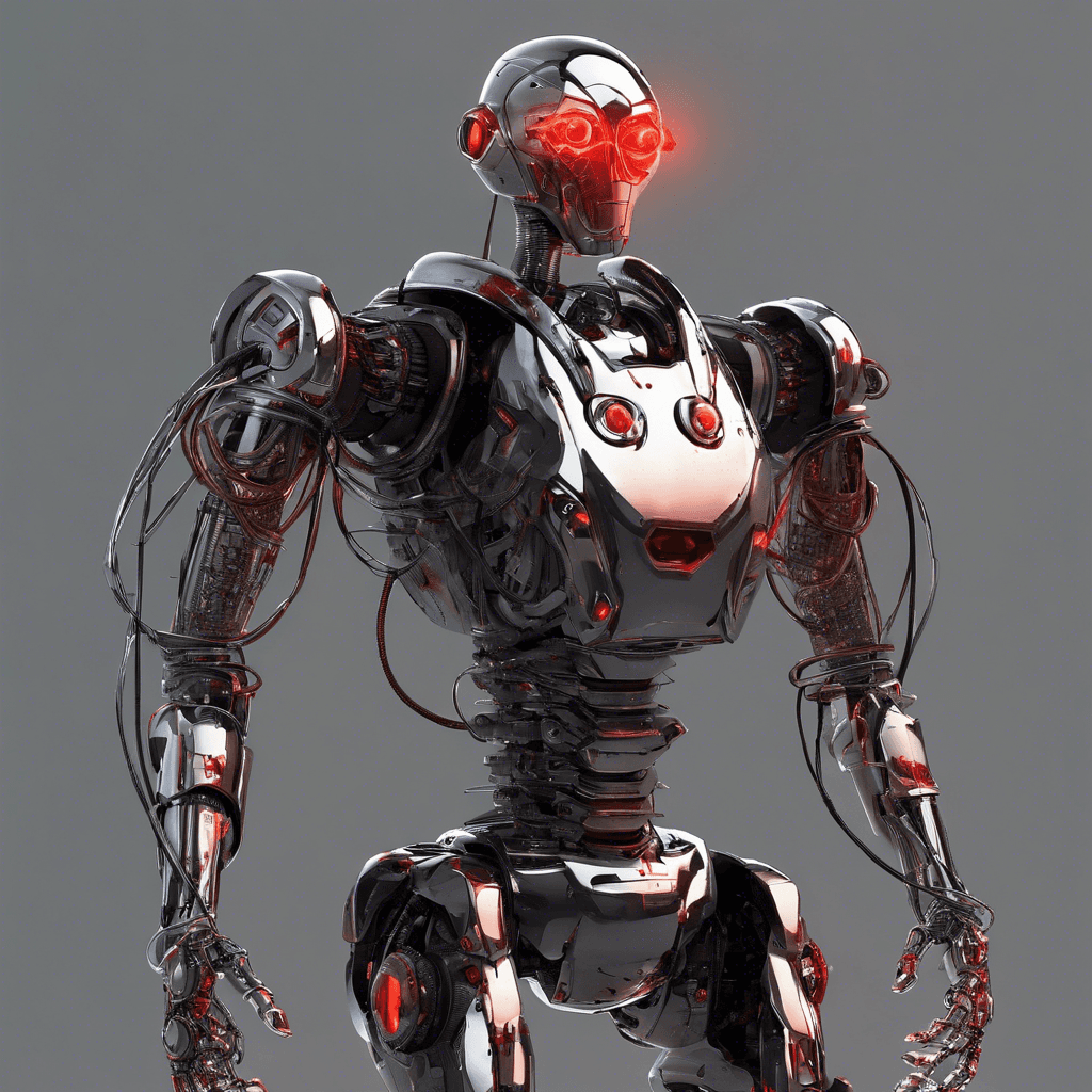 A rogue humanoid robot, Surgebot is armored in a reflective chrome exoskeleton laced with pulsating electrical conduits. It has glowing red eyes and wields electrified whips that crackle with energy.