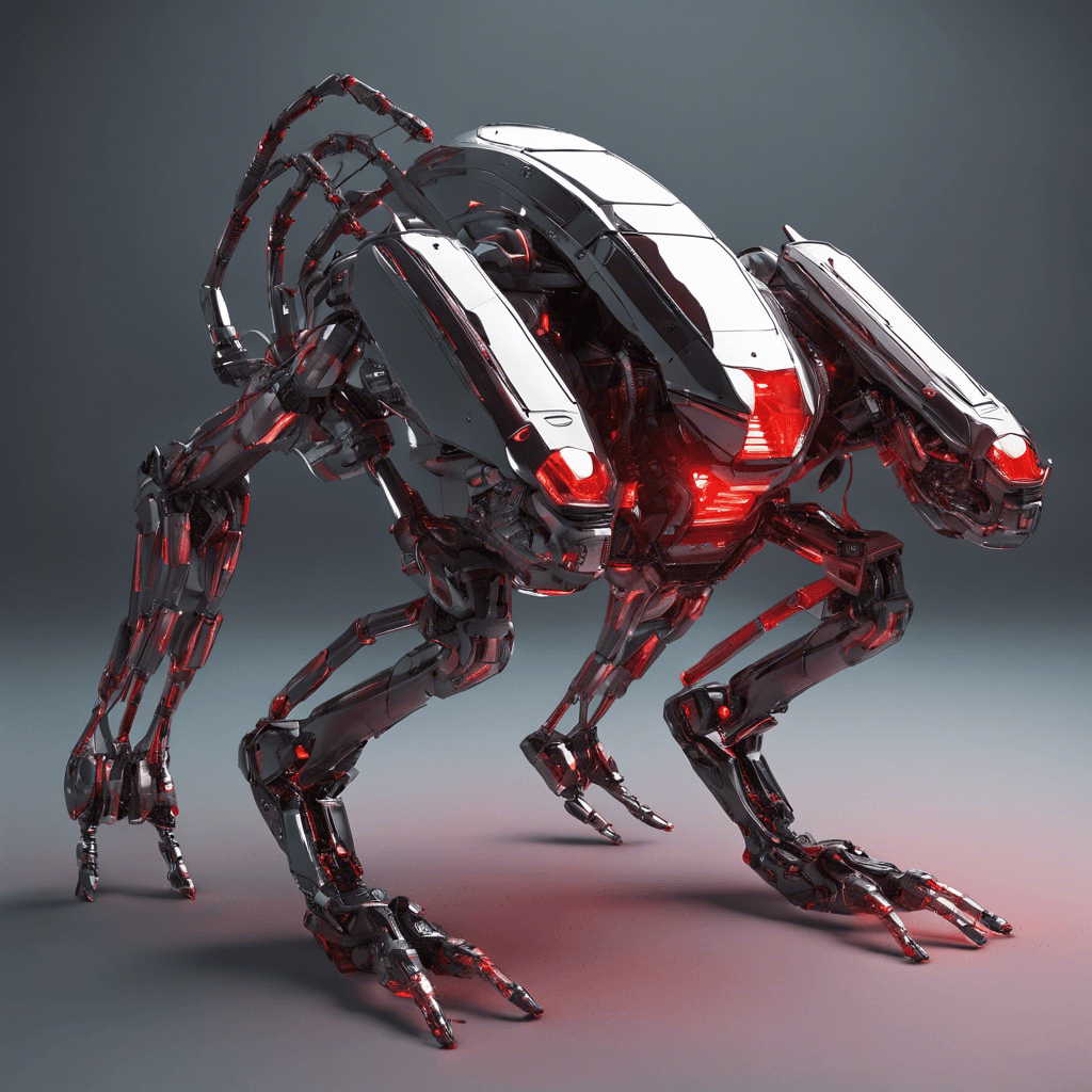 A quadrupedal robotic beast, with sleek metallic body covered in reflective panels and flexible joints for rapid movement. Its eyes are glowing red sensors, scanning for targets. It has razor-sharp claws and a menacing array of sensory antennas, twitching to detect nearby motion.