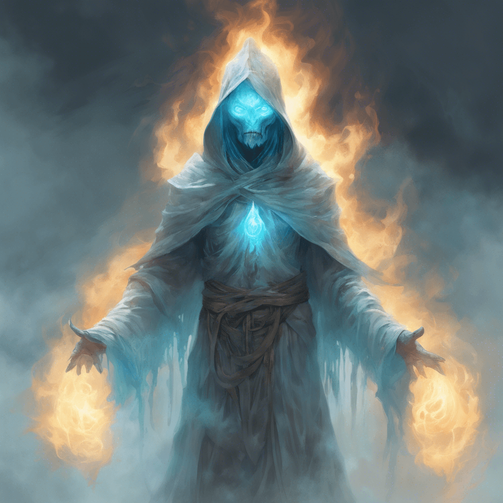 A spectral guardian, ethereal and cloaked in tattered robes with a glow that outshines the surrounding fog, floats menacingly, its eyes burning with a pale blue fire.