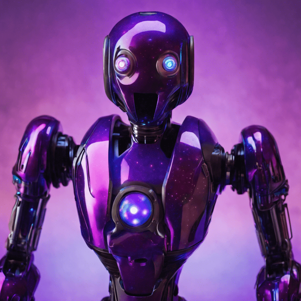 The Nebula Droid is a humanoid robot with a sleek design, covered in shimmering, iridescent panels that reflect the colors of the surrounding nebula. Its eyes glow with an eerie purple light, and it moves with unnerving precision and grace.