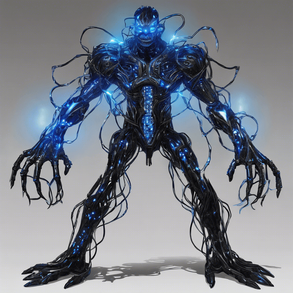 The Electroshade Enforcer appears as a towering humanoid figure made almost entirely of reflective black chrome, with numerous wires and conduits wrapped around his limbs like sinister vines. His eyes are glowing neon-blue slits, and electricity crackles between his armored fingers, ready to discharge a deadly arc of energy.