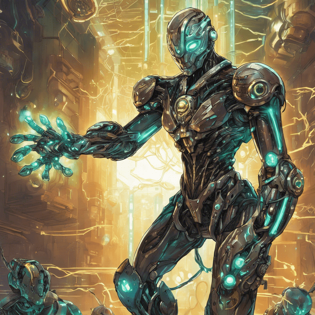 The Techno-Mancer is a cybernetically enhanced individual, their body covered in pulsating circuitry and glowing implants. They wield a staff crackling with energy, their eyes a mix of human and artificial light. Nanobots swarm around them, ready to execute their master's commands.