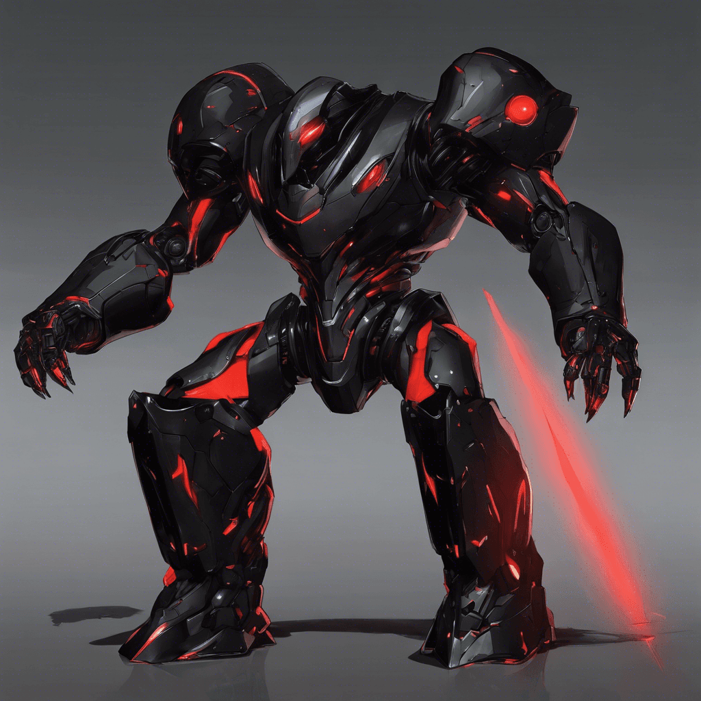 A towering robotic figure, clad in sleek black armor that seems to absorb all light around it. Its eyes glow a menacing red as it surveys its surroundings, emitting a low hum of power. It moves with unearthly grace, its movements almost fluid despite its substantial size.