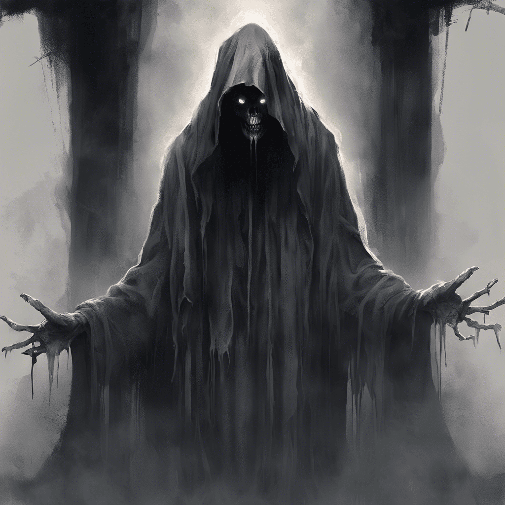 The Specter of Despair is a shadowy figure dressed in tattered robes, with empty eye sockets glowing with a haunting light. Its mere presence saps the warmth from the air, sending chills down your spine. It emanates an aura of hopelessness and despair, chilling your very soul.