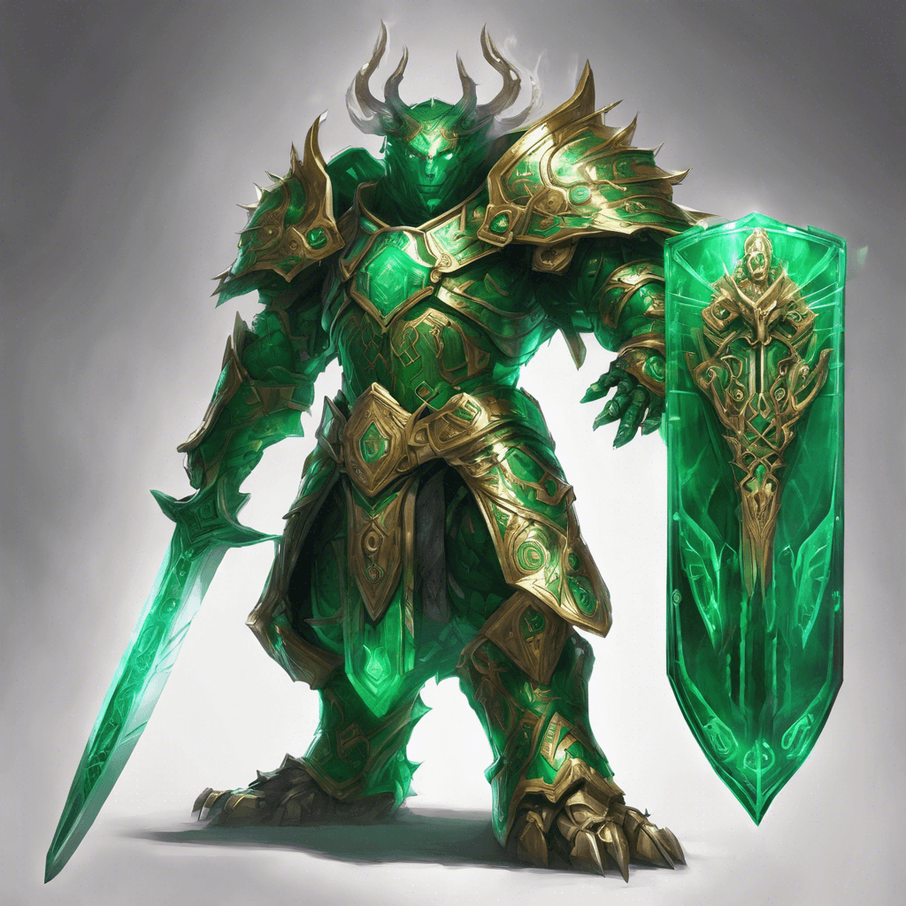 A colossal humanoid figure clad in emerald armor that gleams with magical runes. It wields a giant sword etched with arcane symbols and bears a shield that radiates an aura of deflection.