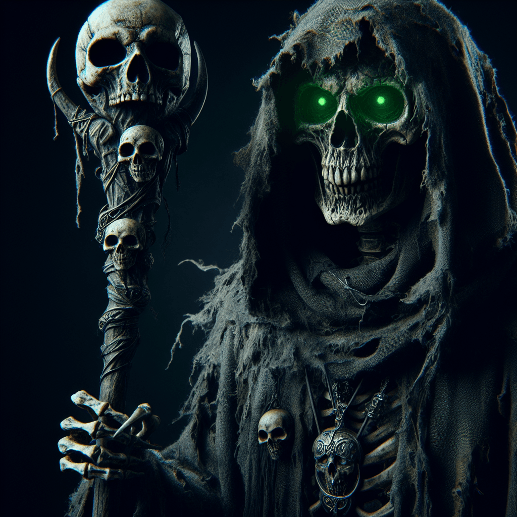 A skeletal figure shrouded in tattered robes emanating dark energy. It has glowing green eyes and carries a staff topped with a skull that pulses with necrotic power.