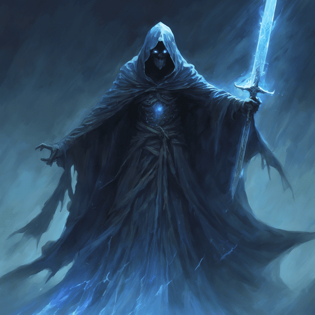 A ghastly figure with sunken eyes and a tattered cloak, floating inches above the ground. Translucent and shimmering with an ethereal blue light, it wields a spectral sword that resonates with a mournful wail.