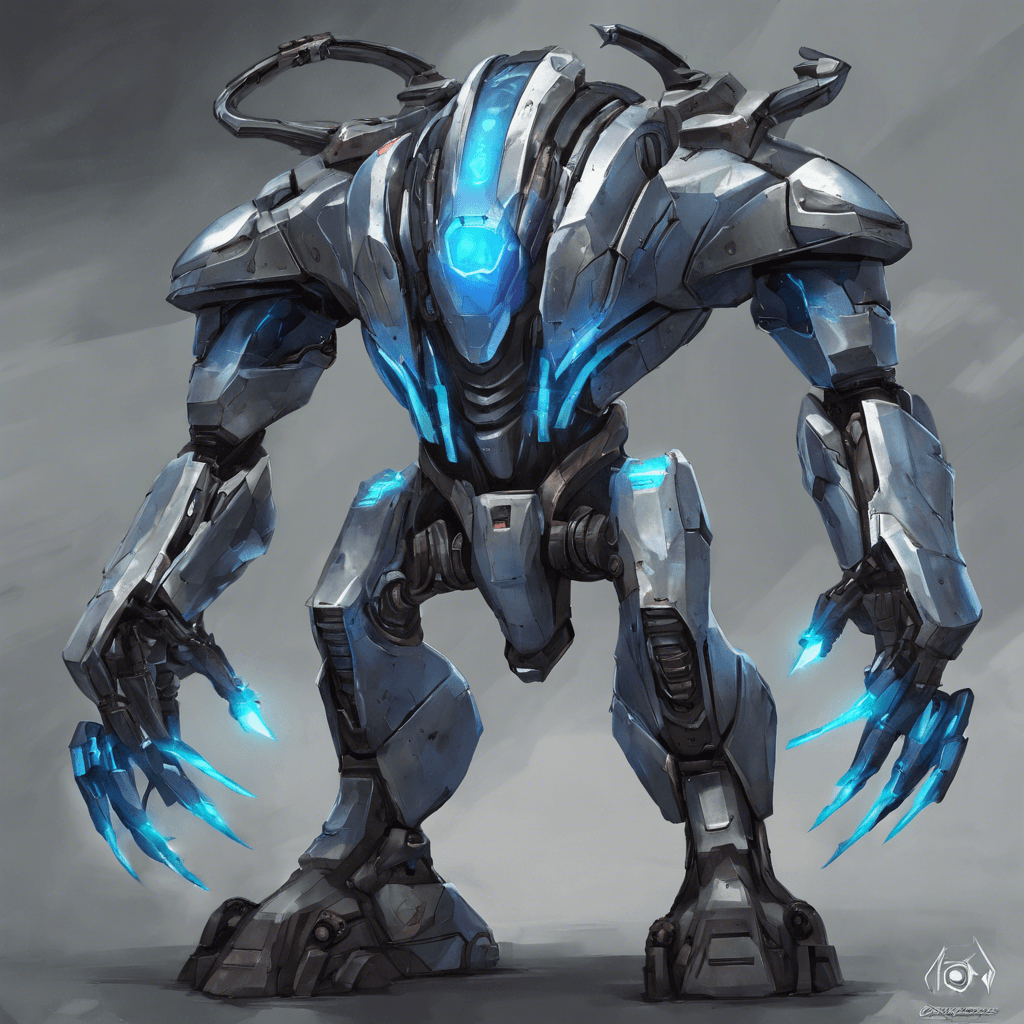 The Xenonite Sentinel is a towering robotic guardian, towering over Nexus with its sleek silver armor and glowing blue energy core. Its multiple arms end in sharp pincer-like claws, ready to strike at any intruder daring to approach.