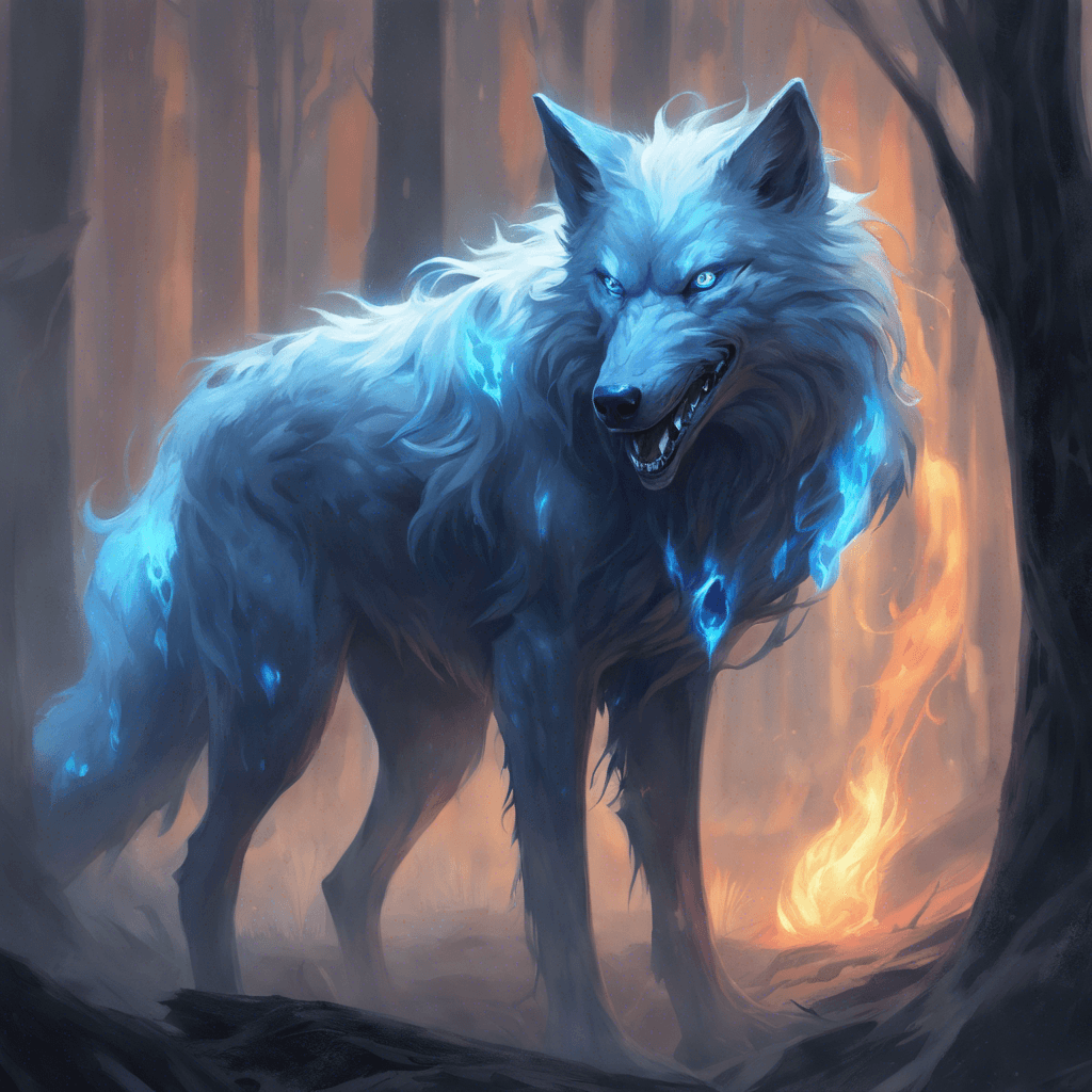 A spectral wolf with ethereal fur that gleams with a haunting blue light. Its eyes burn with a ghostly flame, and its fangs seem to drip with otherworldly venom. Its form is both translucent and menacing as it pads silently across the forest floor.