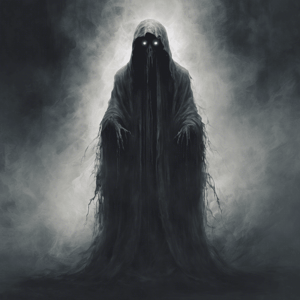 A spectral figure shrouded in tattered robes, its eyes deep voids of despair, and a chilling aura of silence surrounds it, save for its eerie whispers that seem to leak cold dread.