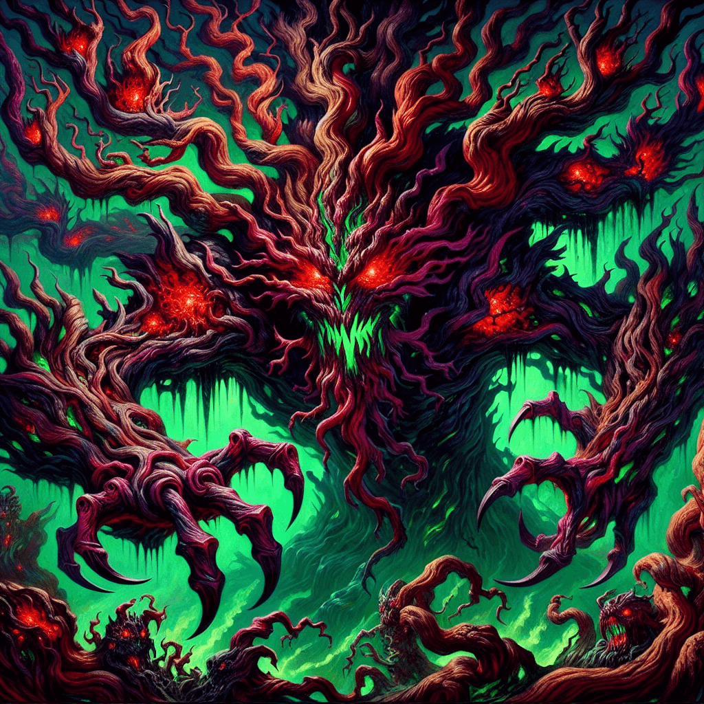 A towering creature that was once a vibrant tree, now twisted and corrupted by dark magic. Its bark is charred black, oozing with a sinister green sap. Malevolent red eyes glow from within tangled branches that end in sharpened wooden claws.