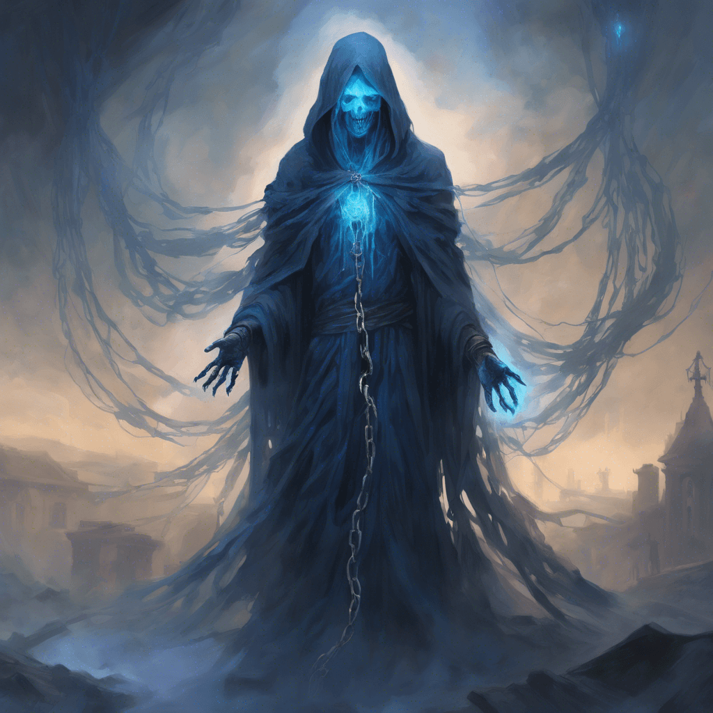 A wraith-like apparition clad in tattered navy robes, its eyes glowing with a haunting blue light. Ethereal chains clank as it hovers above the ground, its form partially transparent and shifting like smoke in a gentle breeze.