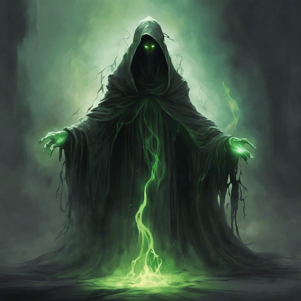 A wraith-like figure shrouded in tattered robes, its eyes glowing with an ominous green flame. Wisps of ethereal darkness emanate from its form, and it hovers silently above the ground.