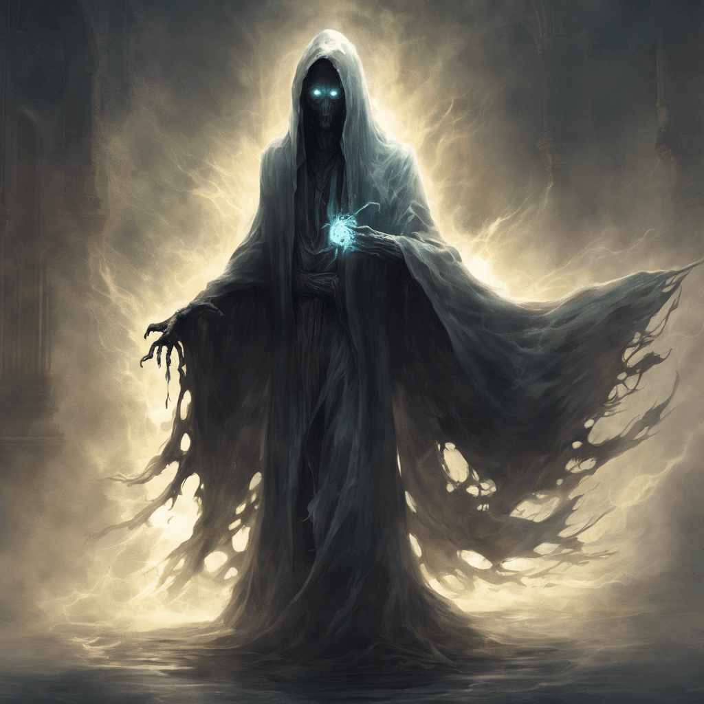 The Phantasmal Specter is a ghostly figure with tattered robes and glowing, ethereal eyes that pierce through the darkness. It moves silently, leaving a chilling cold in its wake as it glides ominously towards its prey.