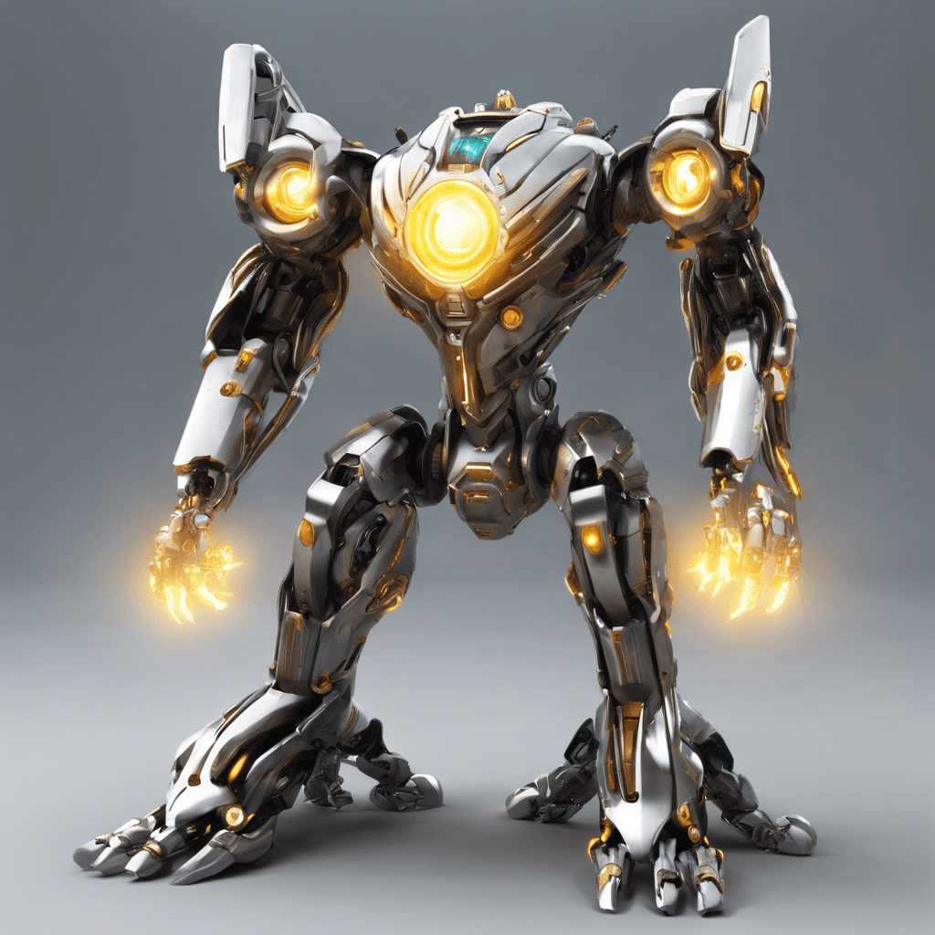 The Chrono-Mech Guardian is a towering robotic entity, built with sleek, futuristic armor that glows with pulsating energy. Its metallic limbs move with precise efficiency, emanating power from every joint. Two glowing orbs serve as its eyes, scanning the area with advanced sensors for any intruders.