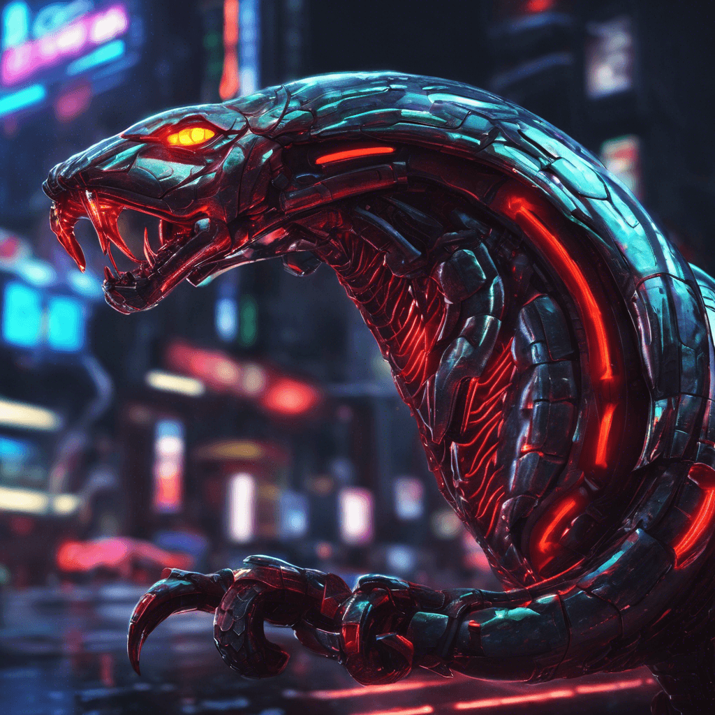 The Cyber Serpent is a sleek and deadly robotic creature, covered in shiny metallic scales that reflect the neon lights of the city. Its eyes glow with a menacing red hue, and its body moves with fluid grace, capable of striking with lightning speed and precision.