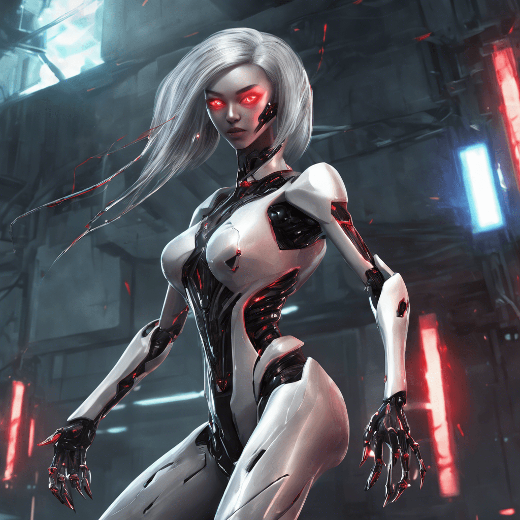 A deadly female humanoid with cybernetic enhancements, glinting claws, sleek metallic limbs, and glowing red eyes.