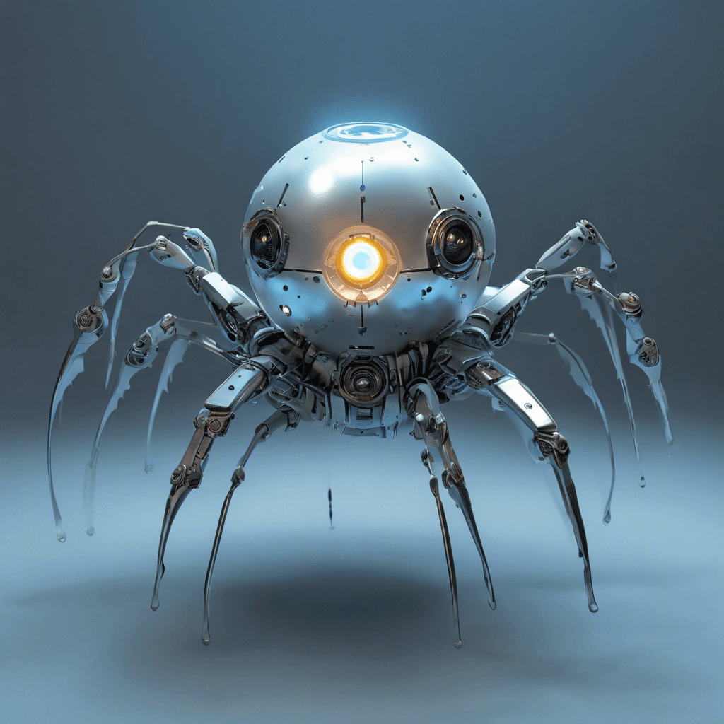 A floating robotic orb with a metallic finish, four spider-like appendages, and a single luminous eye in its center pulses with a faint blue glow.