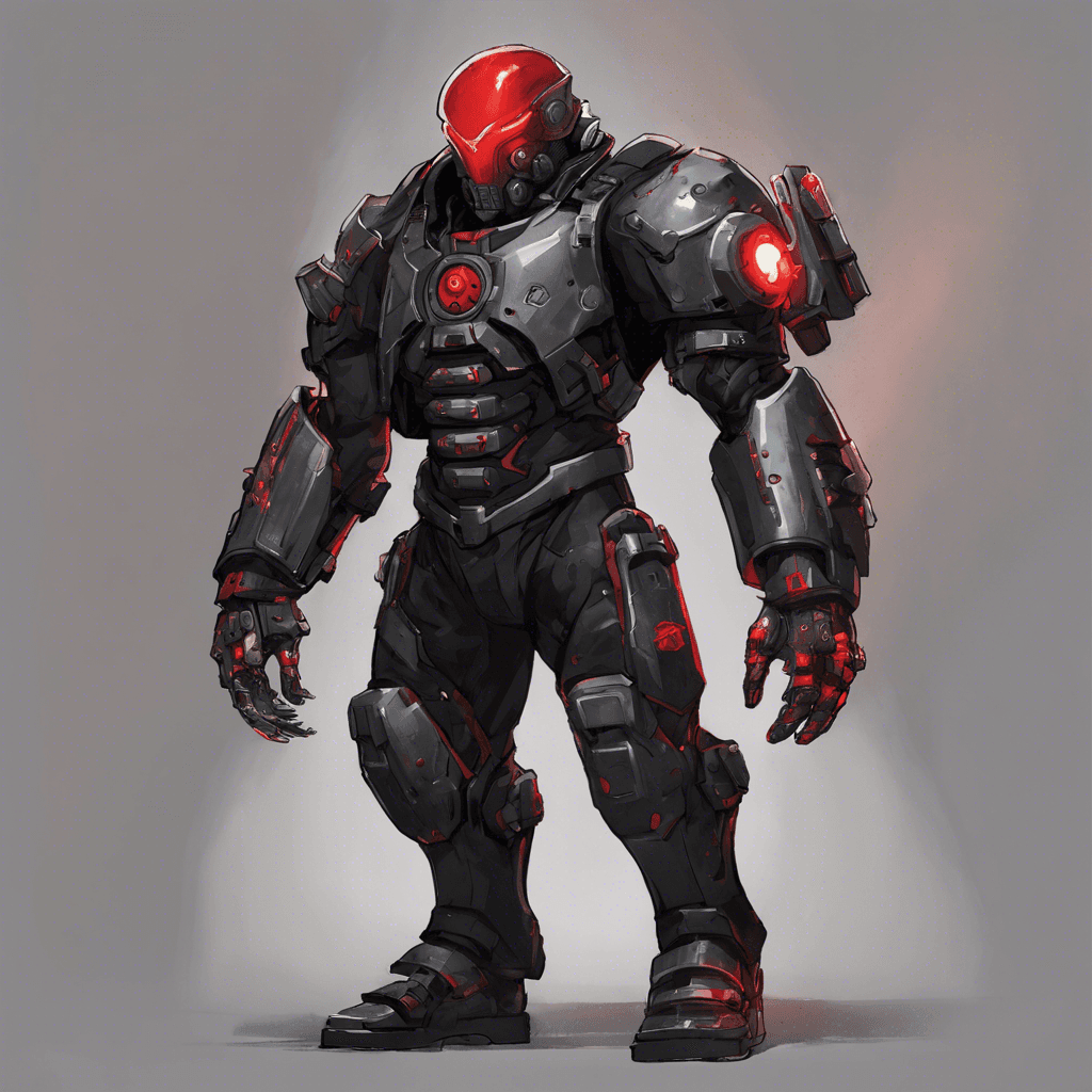 The Rogue Enforcer is a towering figure clad in black-market exoskeleton armor, with various illegal cybernetic enhancements visible on the limbs, and a glowing red visor concealing the eyes.