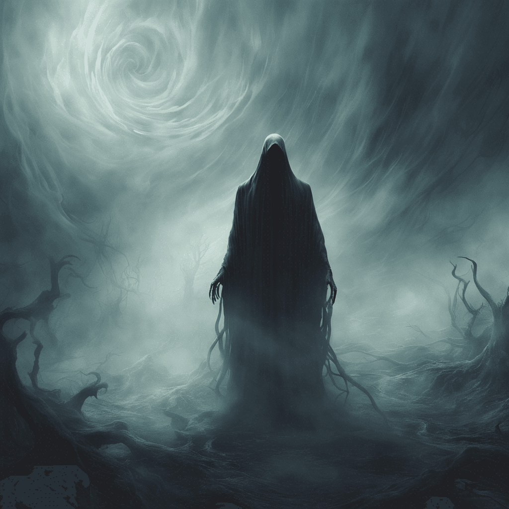 The Spectre Shade is a phantom-like entity, appearing as a swirling mass of shadow and mist. Its form shifts and distorts, making it difficult to focus on its true nature. It emits an eerie, chilling aura that freezes the air around it.