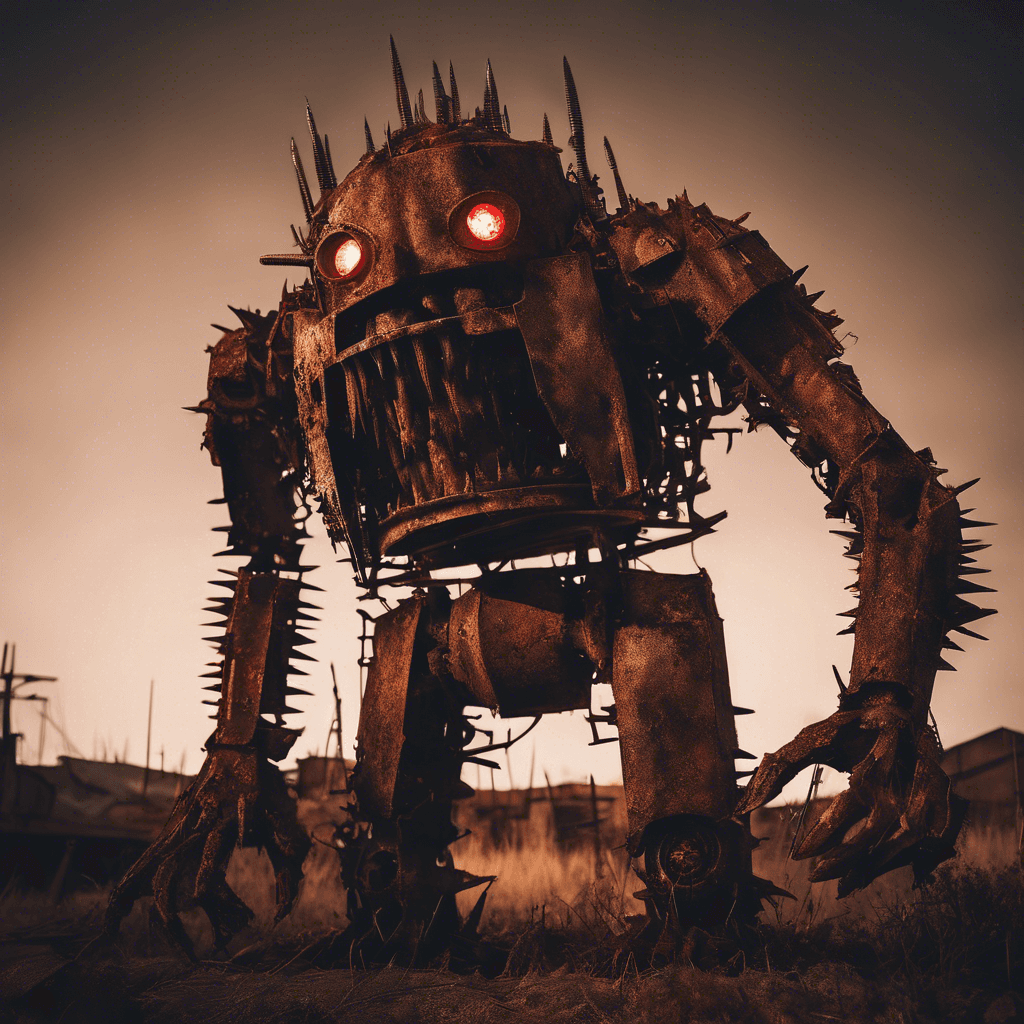 The Rust Golem is a towering construct made of scrap metal and machinery, its body covered in jagged edges and sharp, rusted spikes. Its eyes glow with an ominous red light, and the sound of grinding gears echoes from within its metallic form.