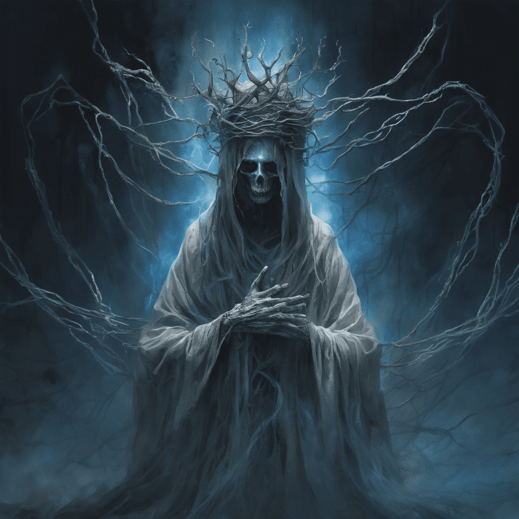 A ghostly figure draped in tattered robes, its body is semi-transparent with chains wrapped around its ethereal form, and a crown of twisted branches atop its hollow, grief-stricken face. Its hands are elongated with wisps of dark energy swirling around them, and its eyes glow with a sorrowful blue light.