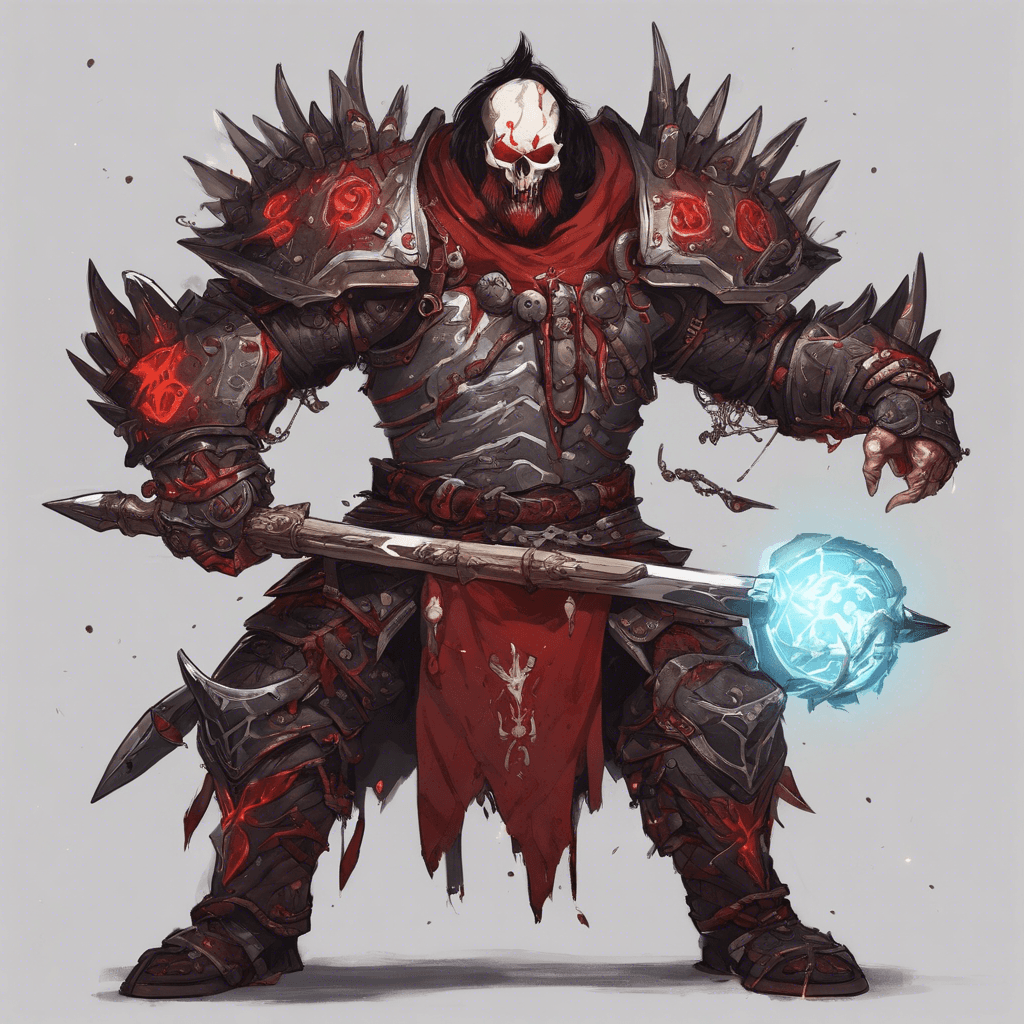 A muscular Severian Marauder with red skin and sharp bone spines on chin and eyebrows, wearing heavy bone armor etched with arcane symbols, wielding a glowing energy mace.