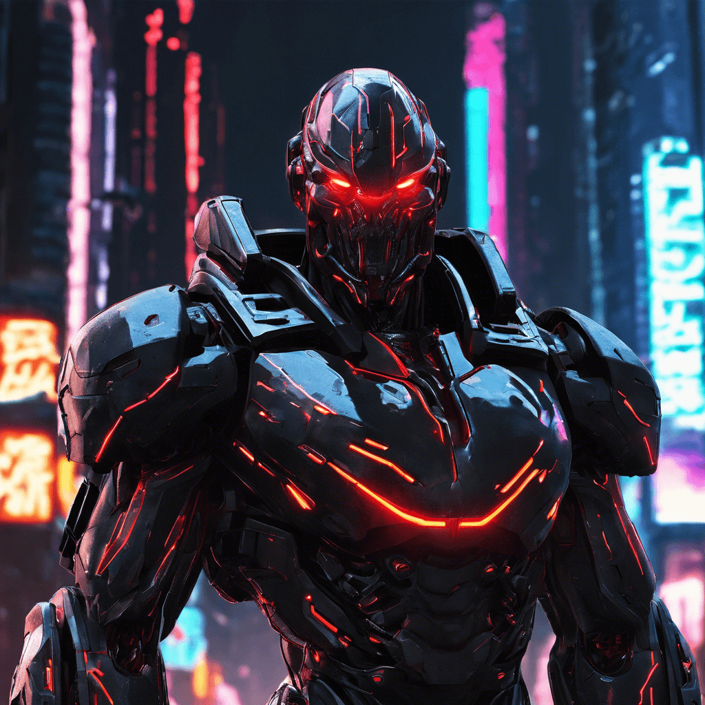 The Cybernetic Sentinel is a towering humanoid figure clad in sleek, black armor that gleams under the neon lights of the city. Its eyes glow with a menacing red hue, scanning the area for any signs of intruders. Its limbs are equipped with advanced cybernetic enhancements, capable of delivering devastating blows and precise strikes.