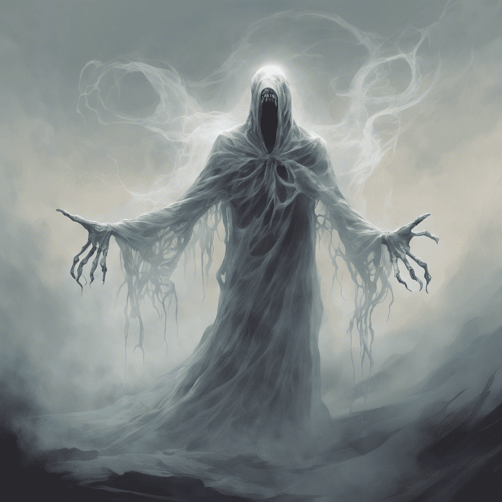 A ghostly figure with a translucent body and tattered robes, drifting just above the ground. Its face is a gaping maw of darkness, and its hands end in elongated, claw-like fingers.