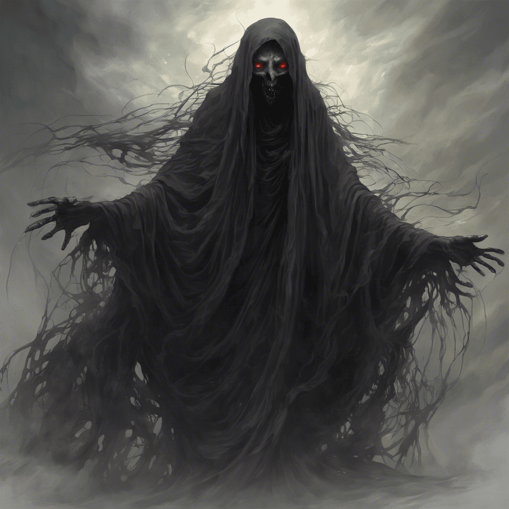 An ethereal figure, draped in tattered dark cloths, with two malevolent glowing eyes, floating slightly above ground, tendrils of darkness swirling around it.