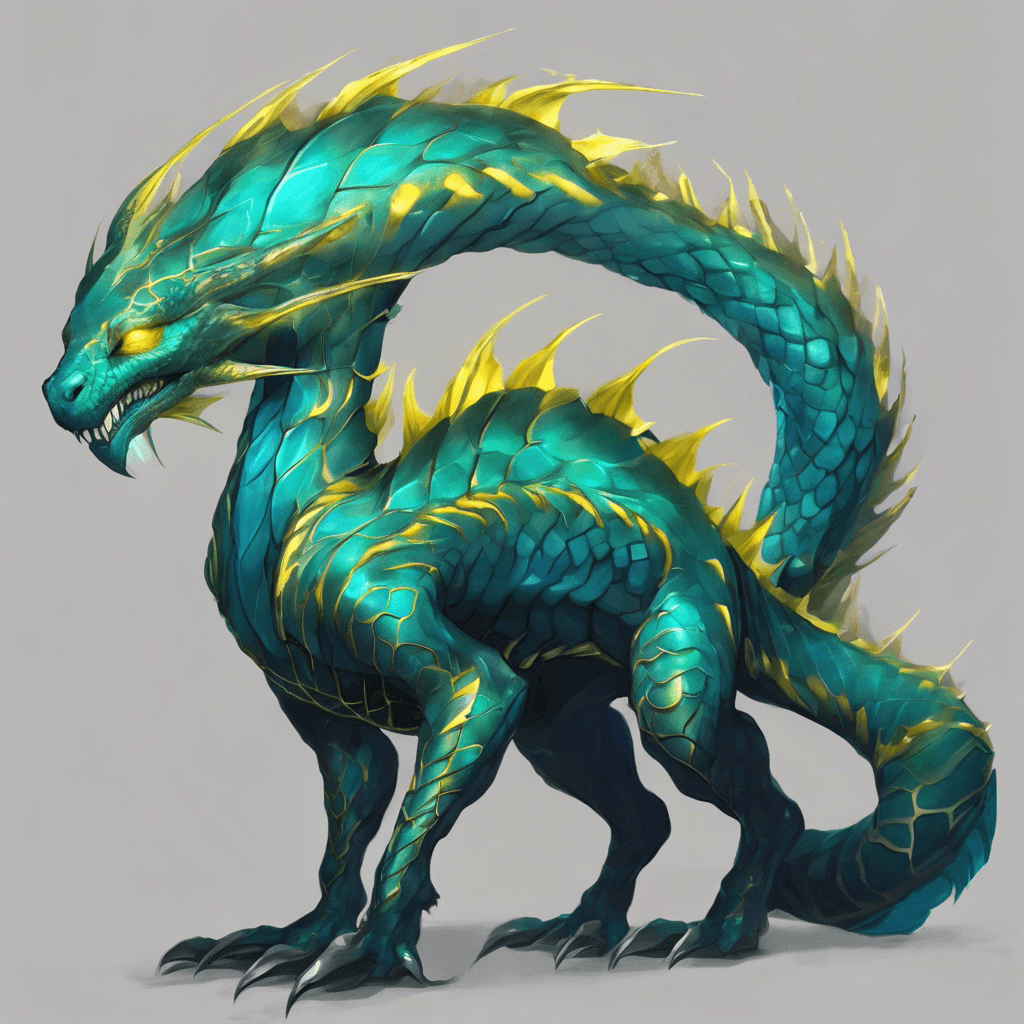 A large serpentine creature with shimmering teal scales and piercing yellow eyes. It exhibits a sinuous form, crowned with a mane of razor-sharp fins and gleaming with bioluminescent streaks along its sides. Armed with lethal claws and a tail tipped with a barbed stinger.