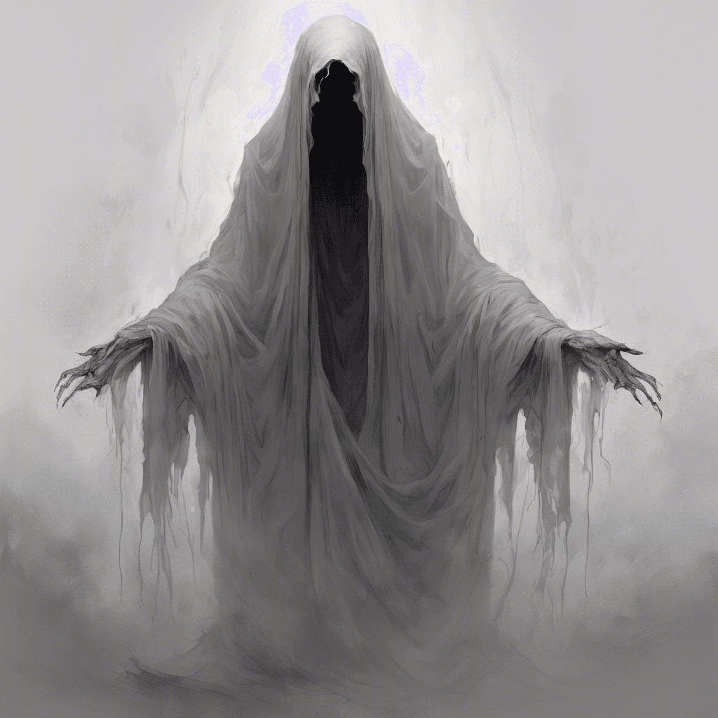 A translucent entity with hollow eyes and a tattered funeral shroud, drifting inches above the ground, mouth agape in a silent scream. Its long, ethereal fingers reach out hungrily.