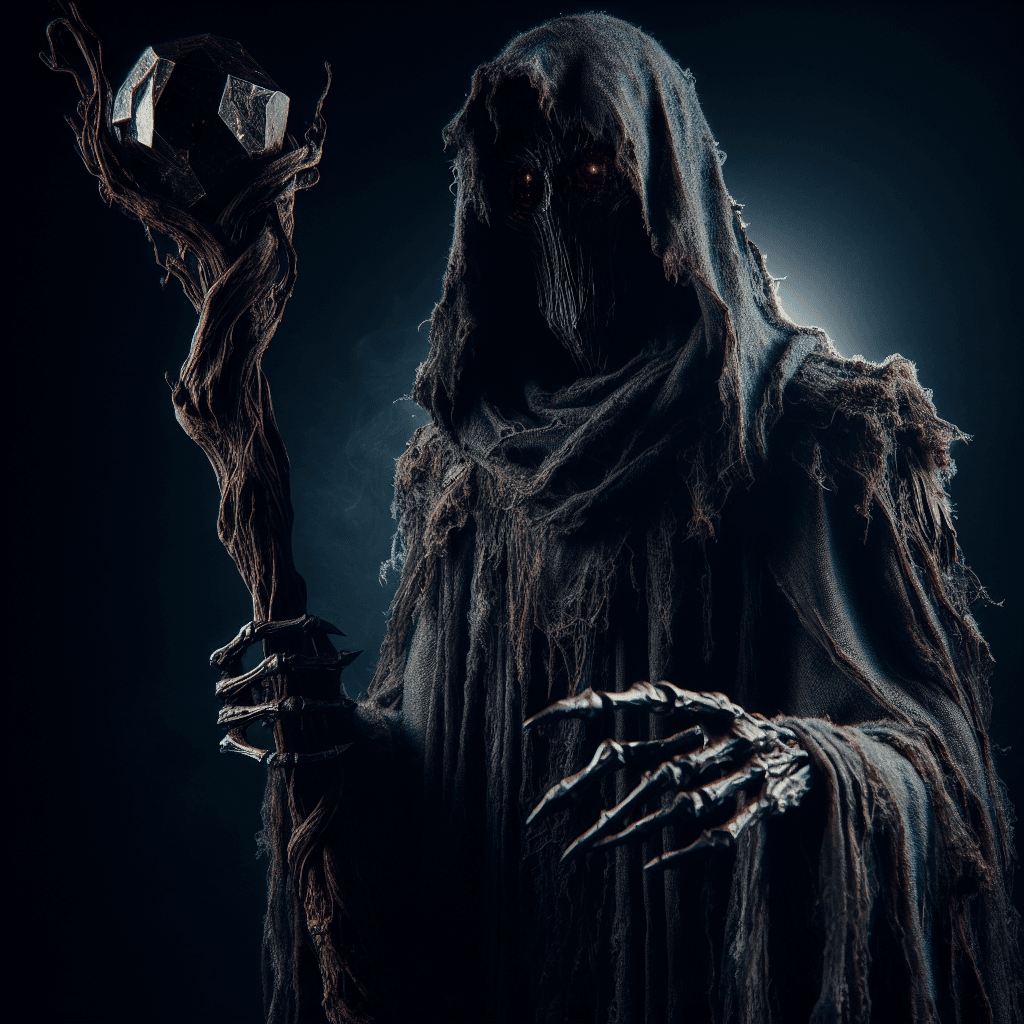 A towering humanoid figure shrouded in dark tattered robes, Grimmok's face obscured by a hood, glowing malevolent red eyes, carrying a gnarled staff crowned with a pulsating dark crystal.